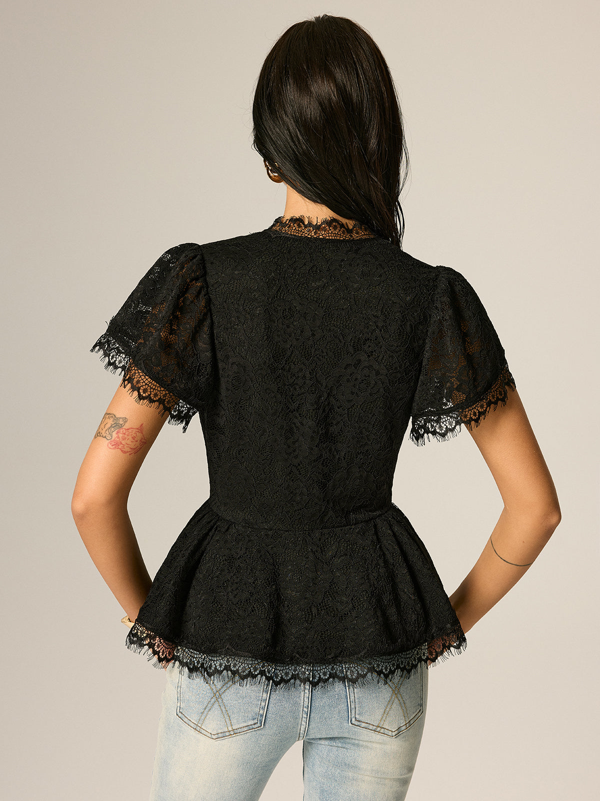 V-Neck Fringe Lace Peplum Short Sleeve Top with Elegant Detailing