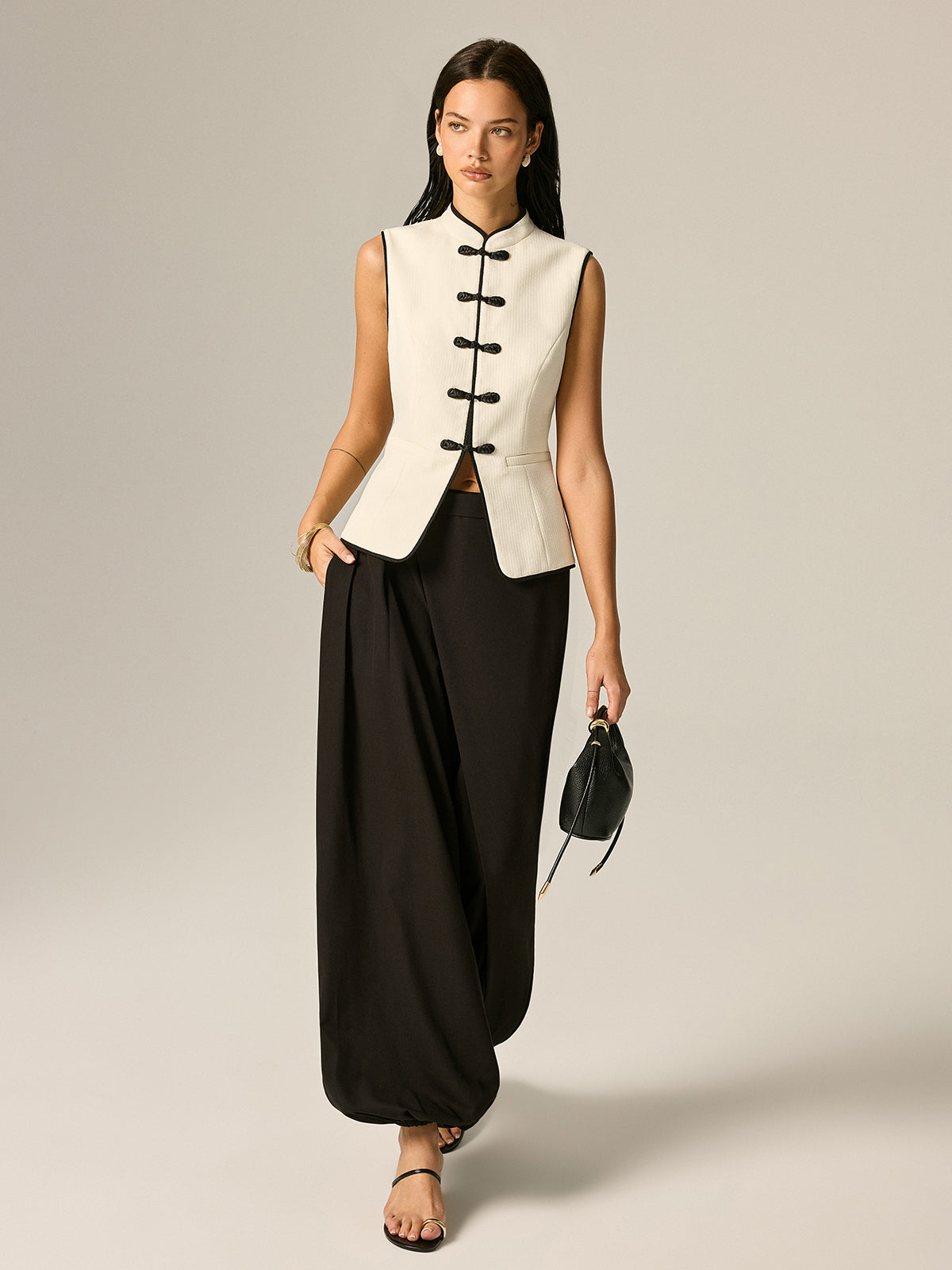 Frog Button Contrast Trim Textured Vest - Traditional Chinese Style Unisex Linen