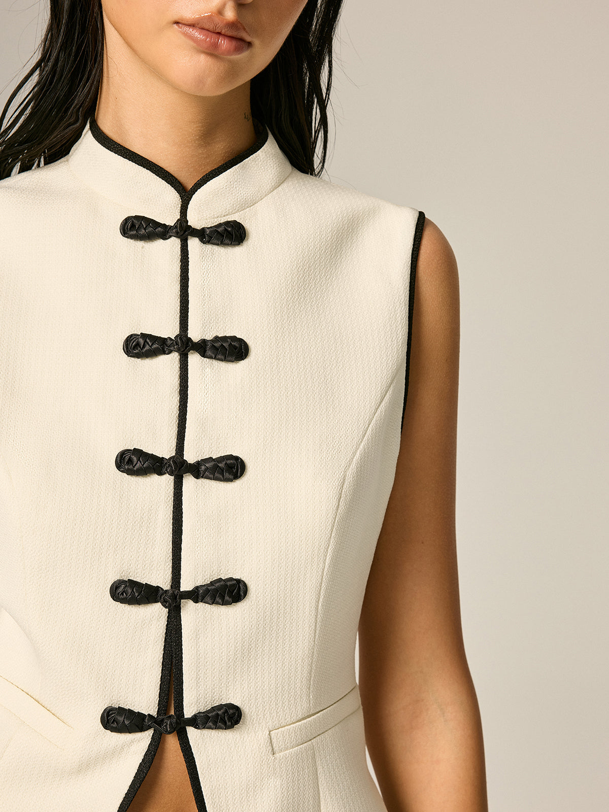Frog Button Contrast Trim Textured Vest - Traditional Chinese Style Unisex Linen