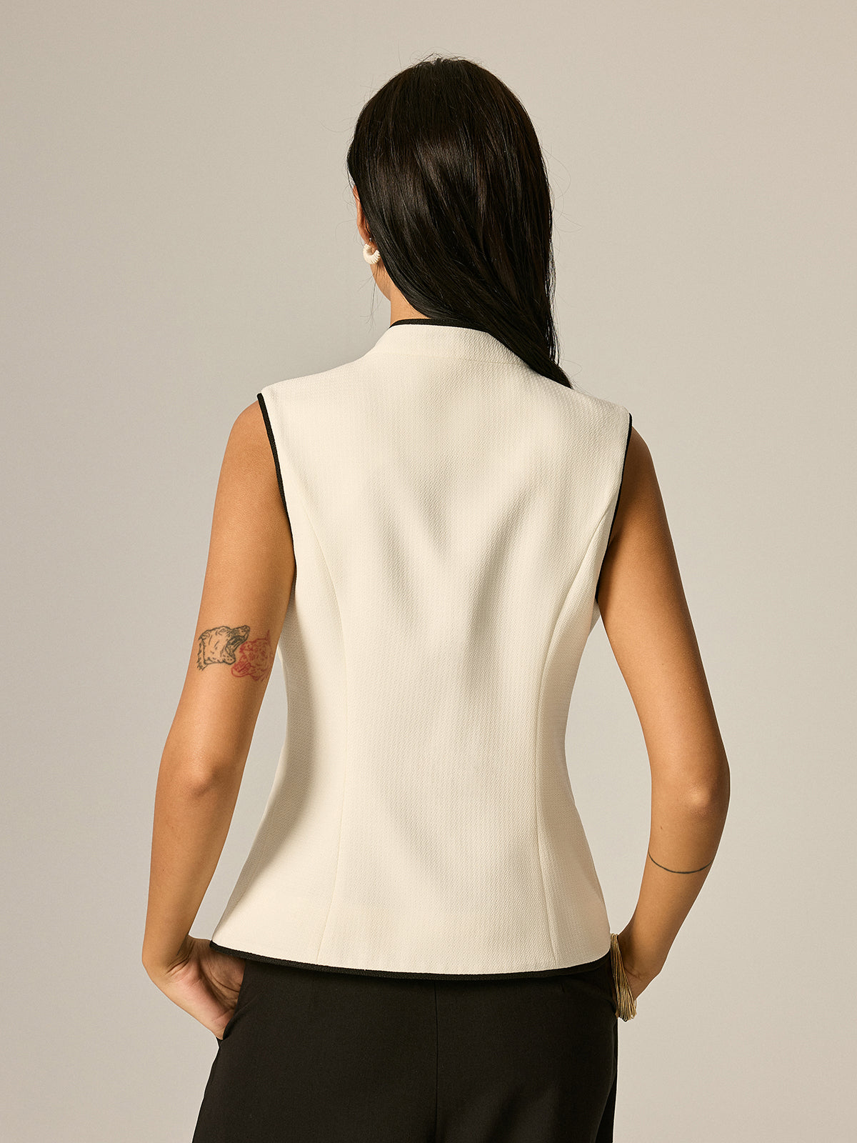 Frog Button Contrast Trim Textured Vest - Traditional Chinese Style Unisex Linen