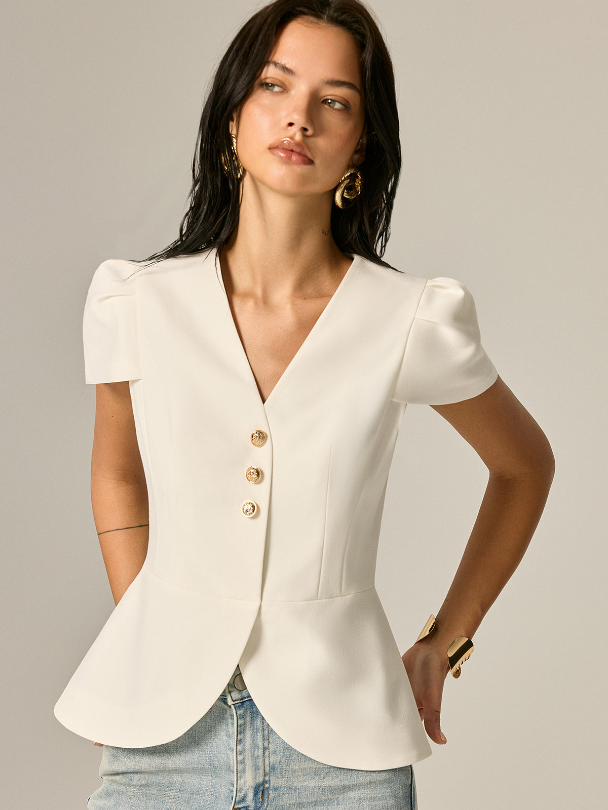 Puff Sleeve Peplum Metal Button Elegant Blouse for Women