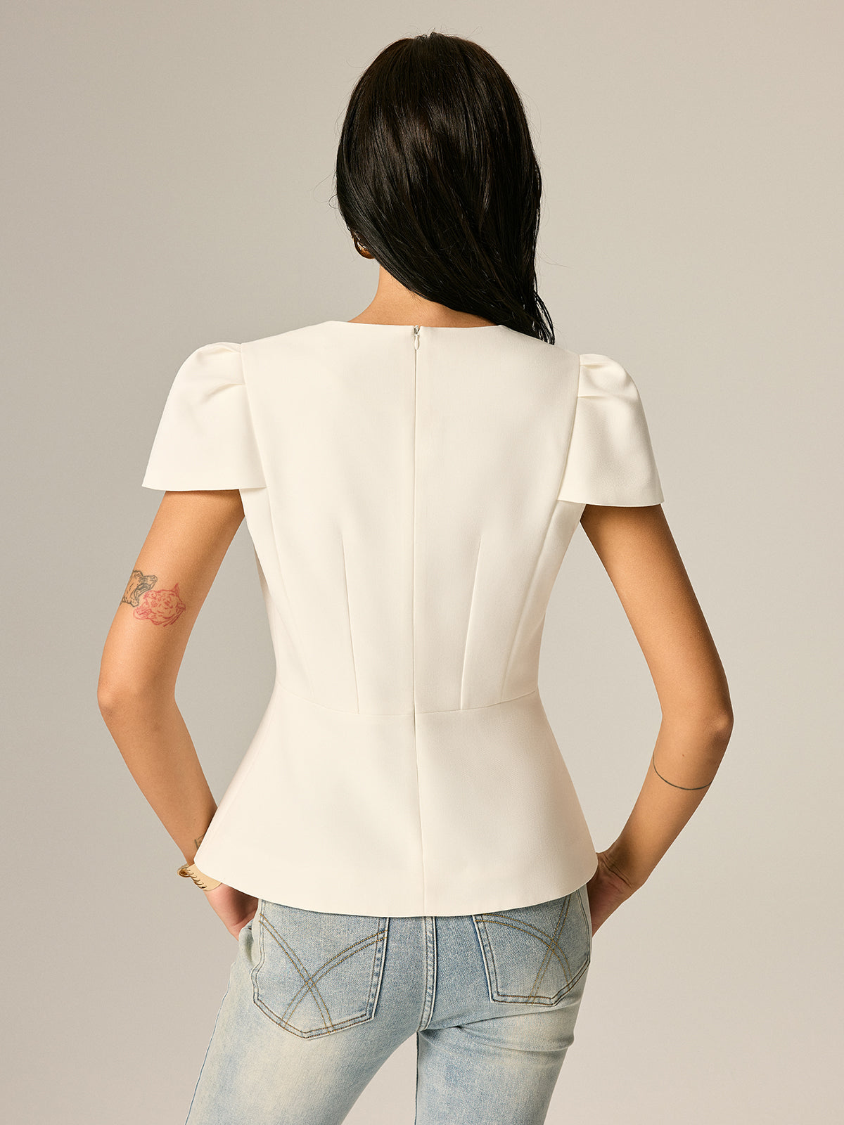 Puff Sleeve Peplum Metal Button Elegant Blouse for Women
