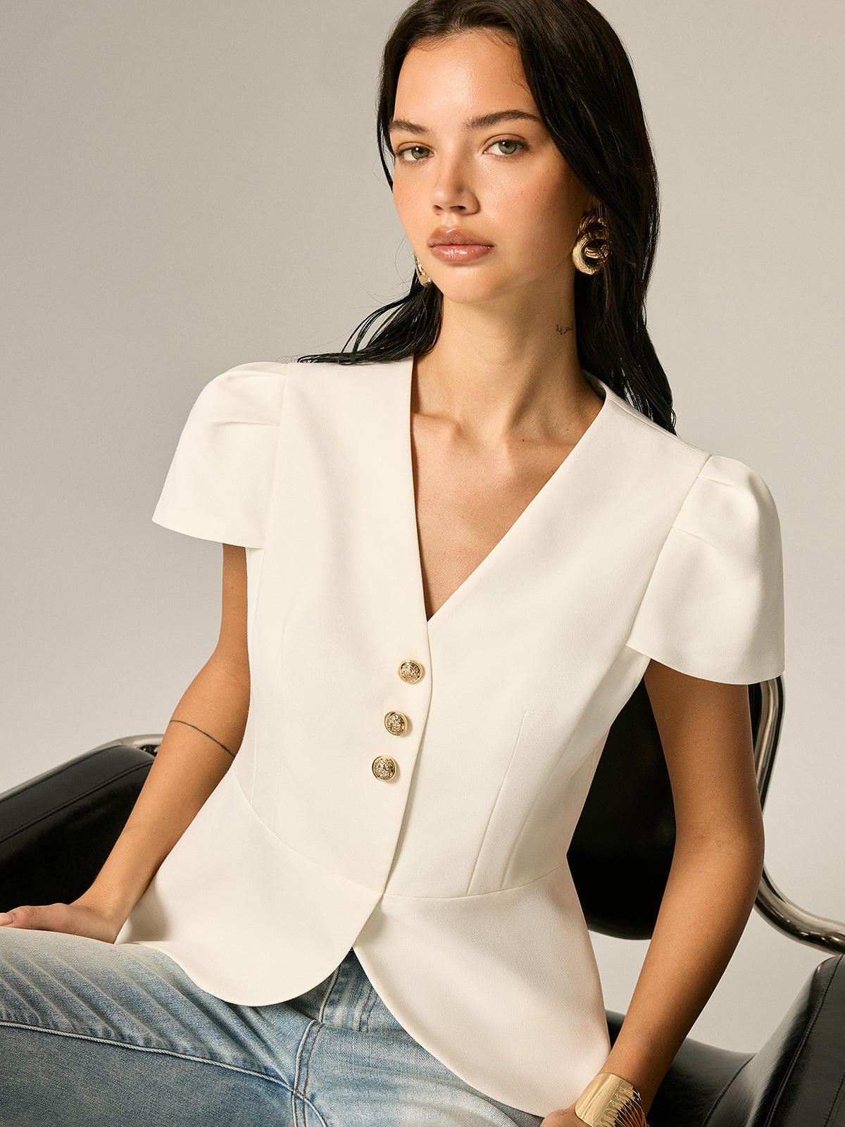 Puff Sleeve Peplum Metal Button Elegant Blouse for Women