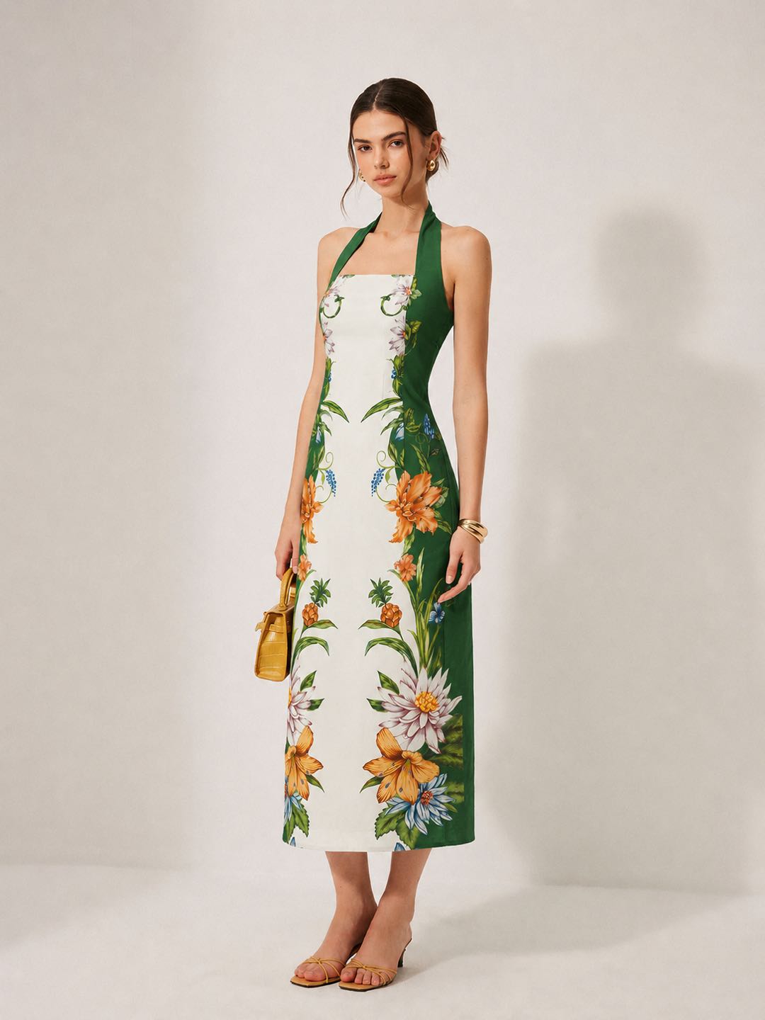 Vintage Botanical Print Halter Midi Dress with Pockets and Back Zipper