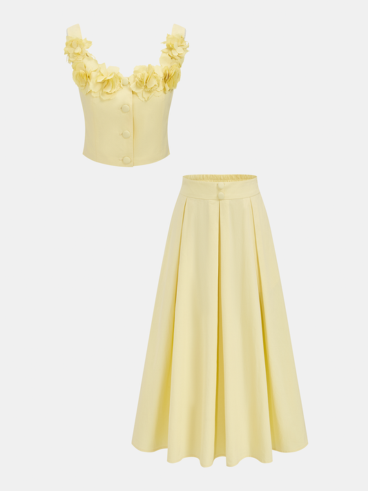 3D Floral Crop Top & Pleated Midi Skirt Set for Spring Outfits