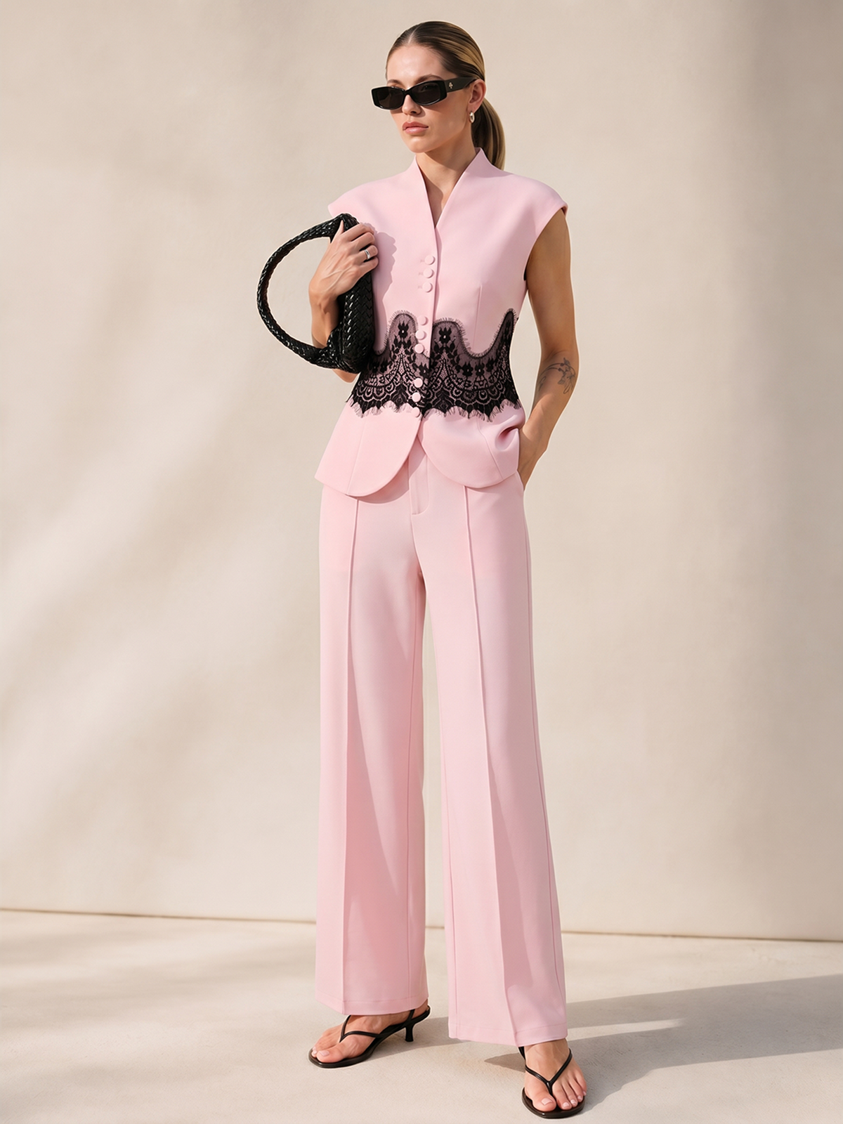 Lace Panel Cap Sleeve Blouse & Pants Set for Women, Elegant Evening Wear