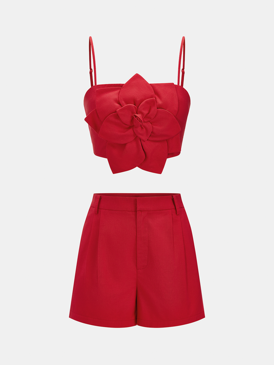 3D Flower Cotton Linen Cami Top & Shorts Set, Breathable Summer Outfit for Women