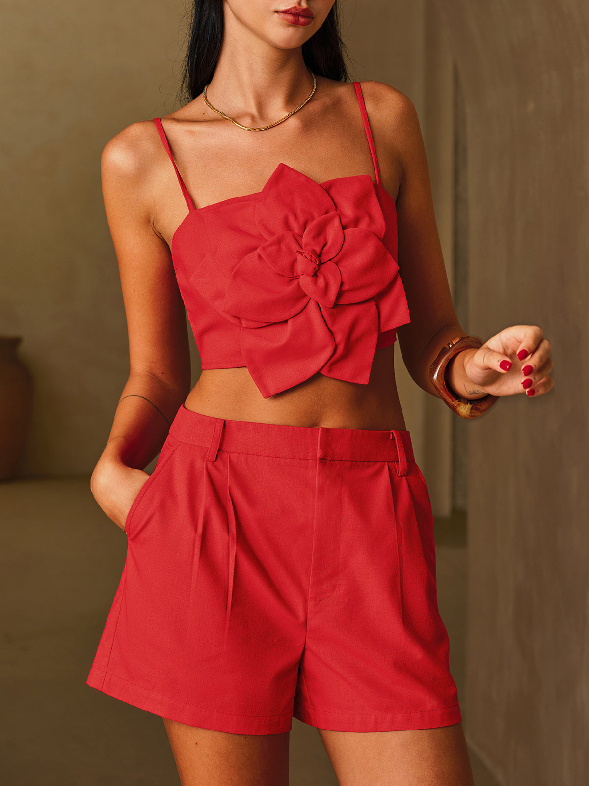 3D Flower Cotton Linen Cami Top & Shorts Set, Breathable Summer Outfit for Women