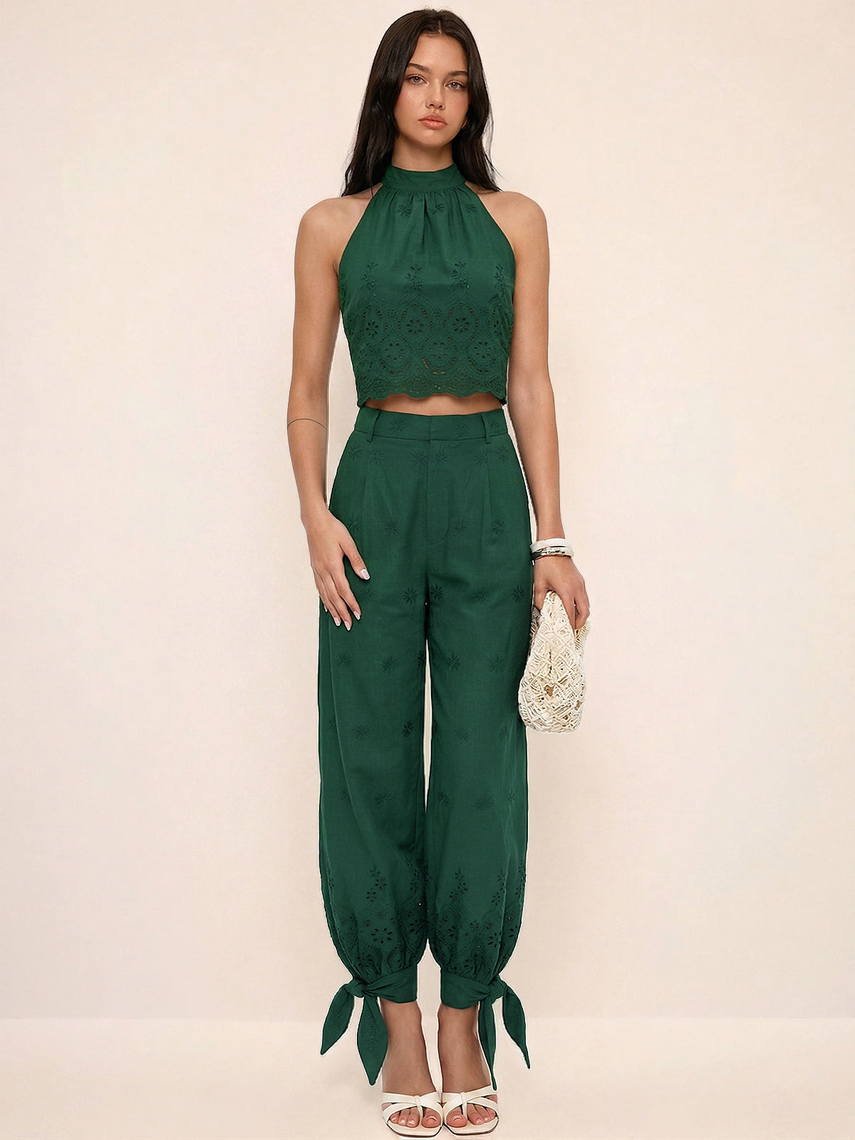 Eyelet Embroidery Top & Tie-Cuff Pants Set for Women Spring Collection