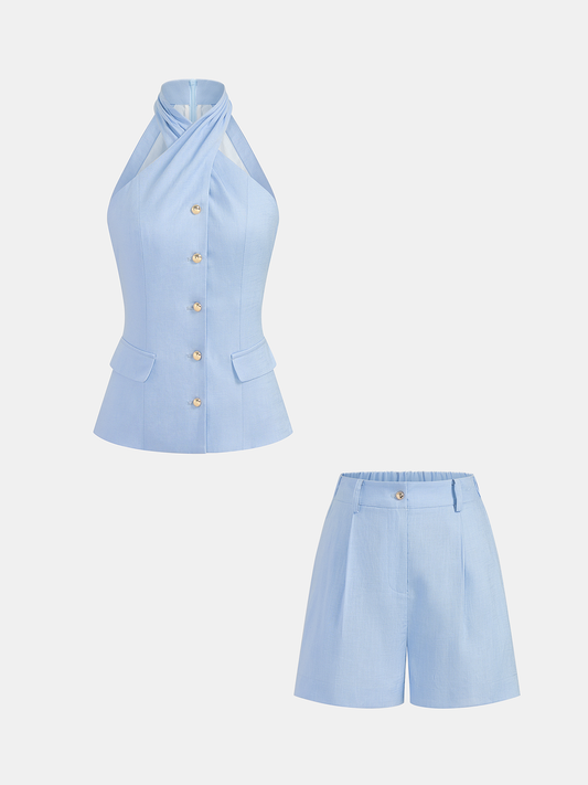 "Comfortable Tencel Blend Halter Buttoned Vest & Shorts Set for Summer"
