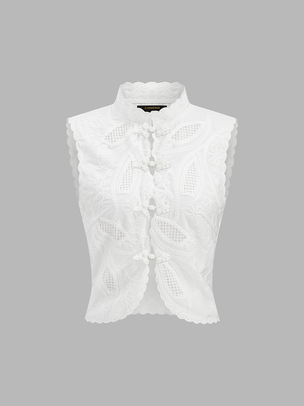Frog Button Eyelet Embroidered Sleeveless Top for Women Summer Casual