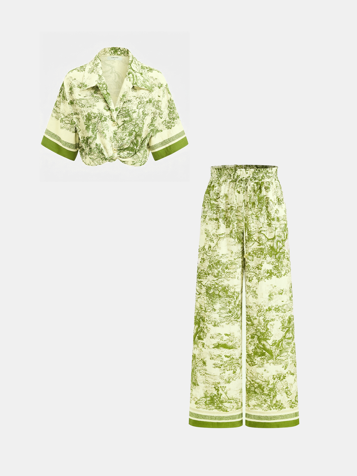 Toile Print Shirt & Wide Leg Pants Set - Casual Comfortable Women's Outfit