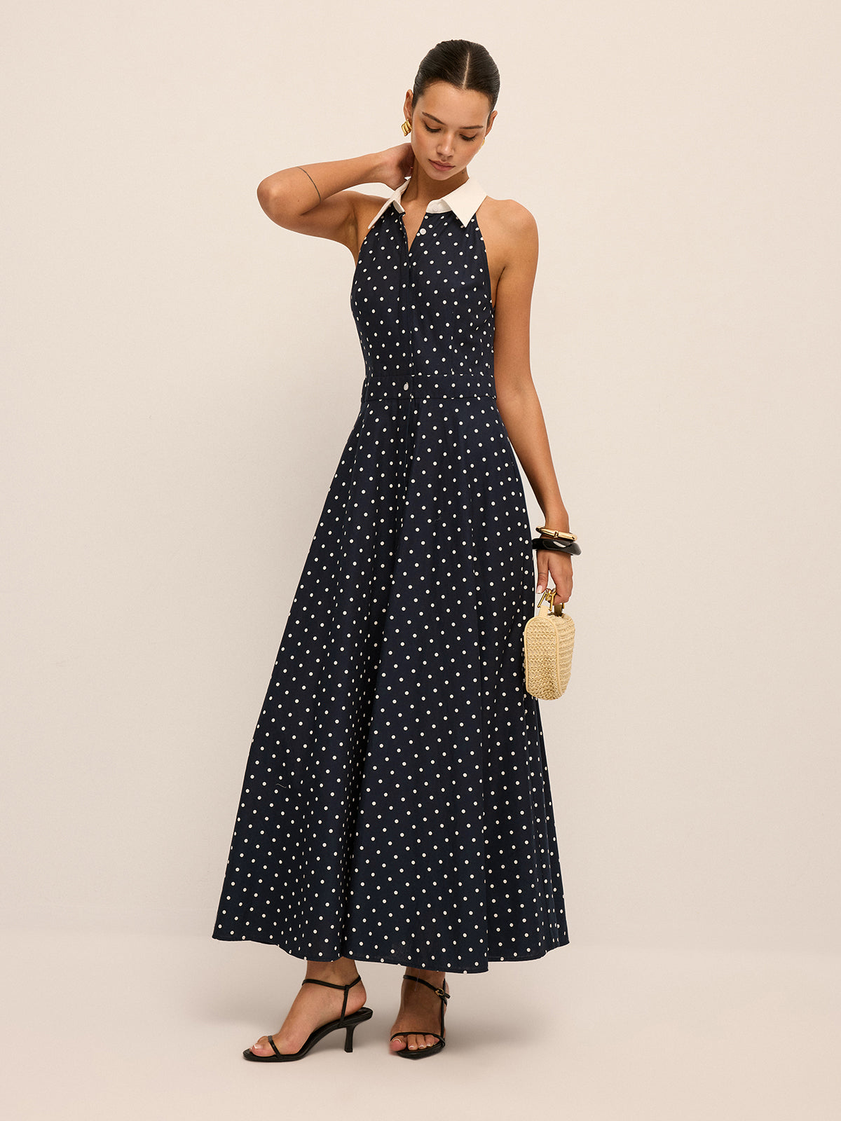 Polka Dot Contrast Collar Cotton Linen Dress for Spring Casual Wear