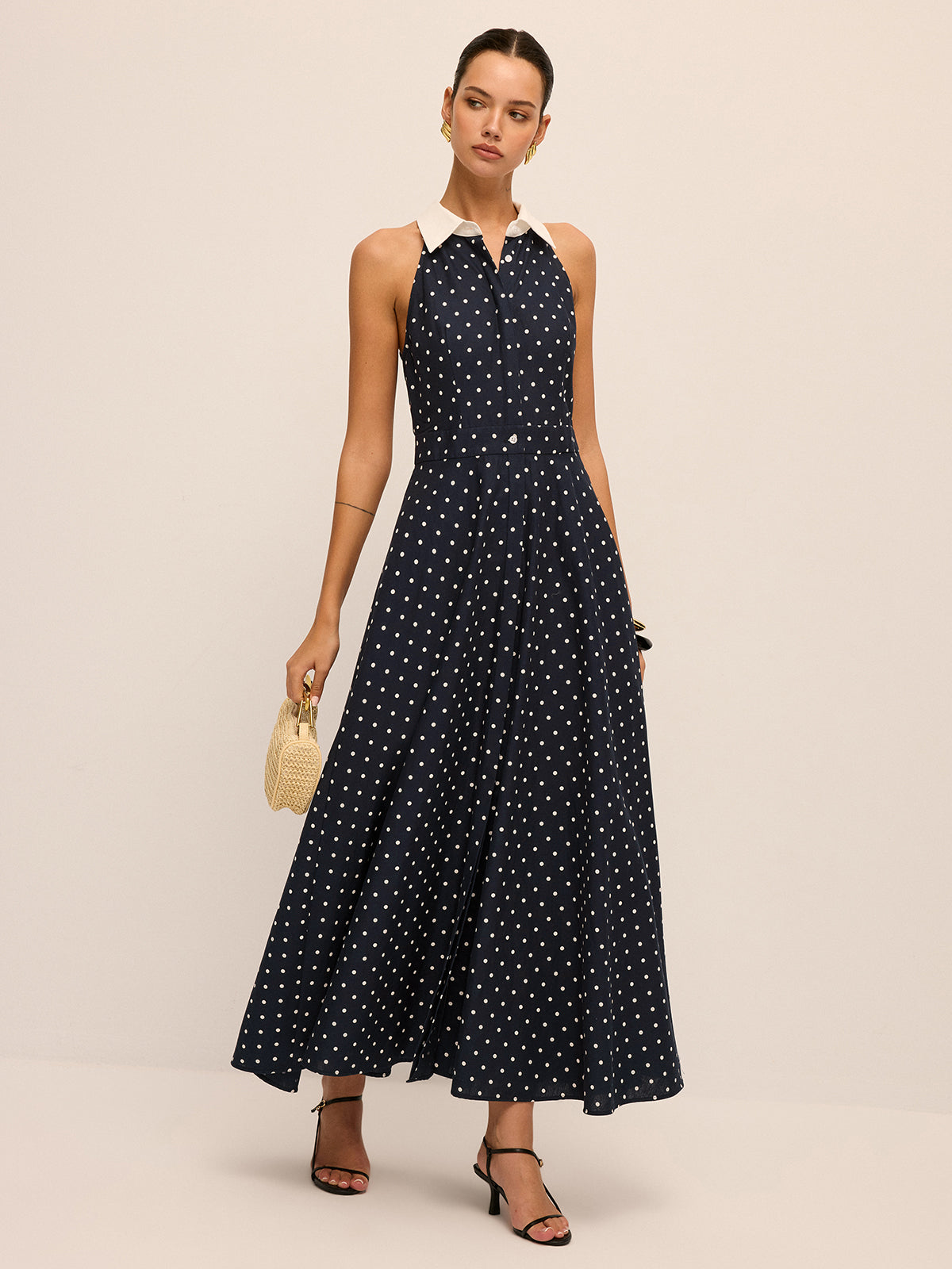 Polka Dot Contrast Collar Cotton Linen Dress for Spring Casual Wear