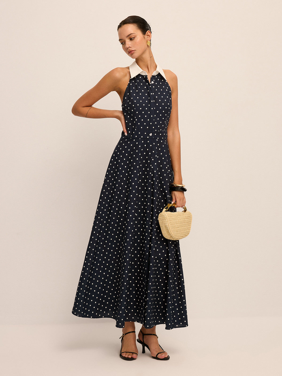 Polka Dot Contrast Collar Cotton Linen Dress for Spring Casual Wear
