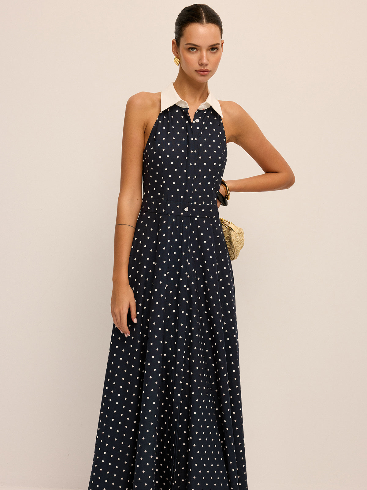 Polka Dot Contrast Collar Cotton Linen Dress for Spring Casual Wear