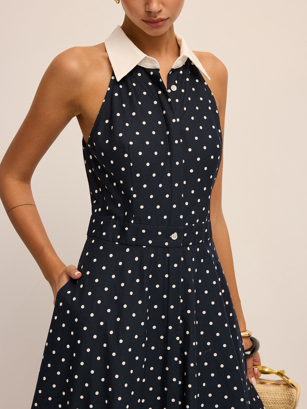 Polka Dot Contrast Collar Cotton Linen Dress for Spring Casual Wear