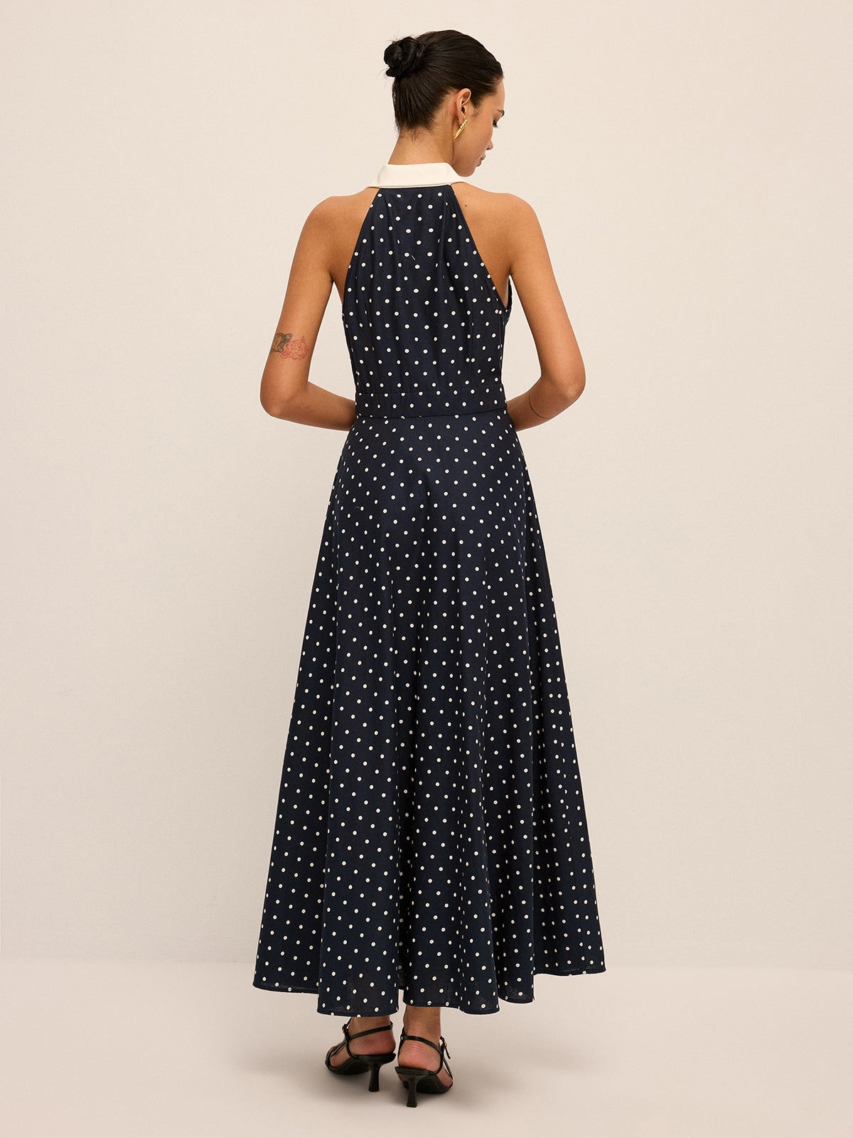 Polka Dot Contrast Collar Cotton Linen Dress for Spring Casual Wear