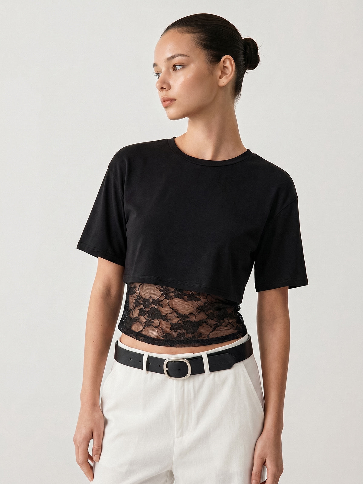 Lace Hem Patchwork Short Sleeve Top Women's Casual Fashion