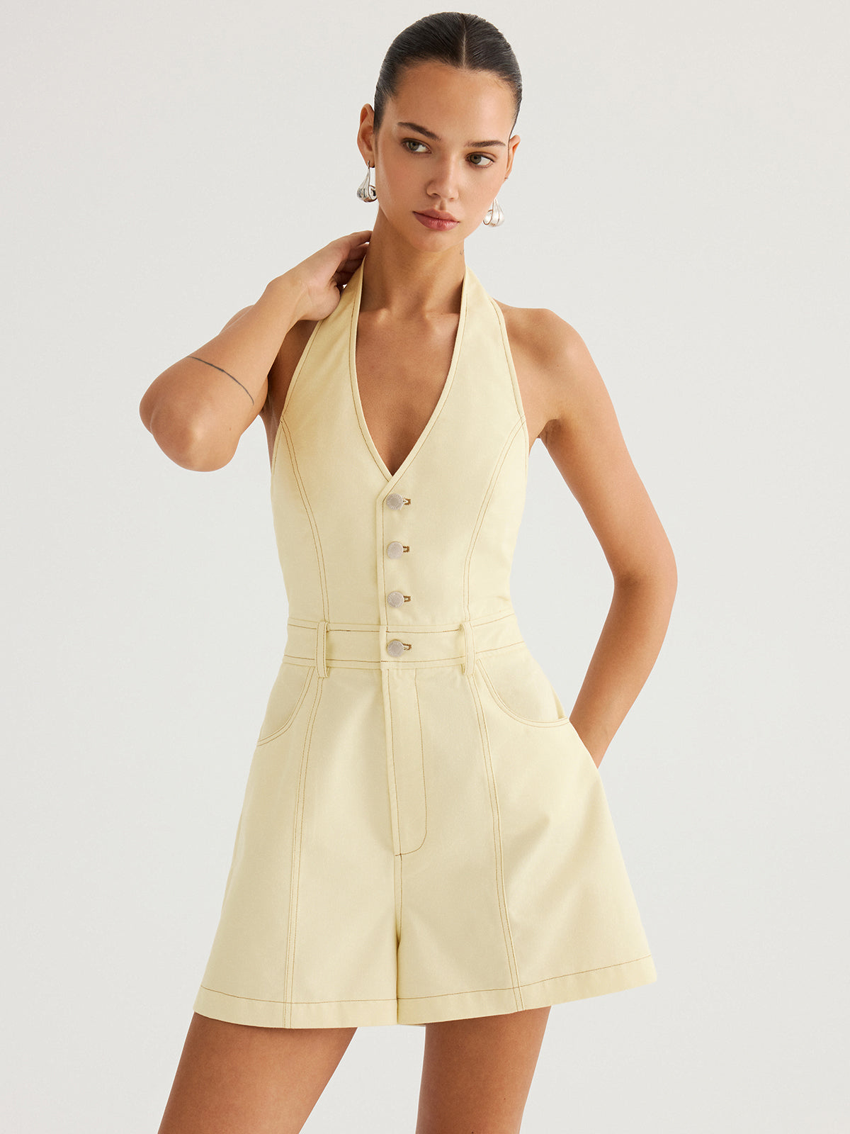 Cotton Halter V-Neck Tie-Back Romper Stylish Summer Outfit for Women