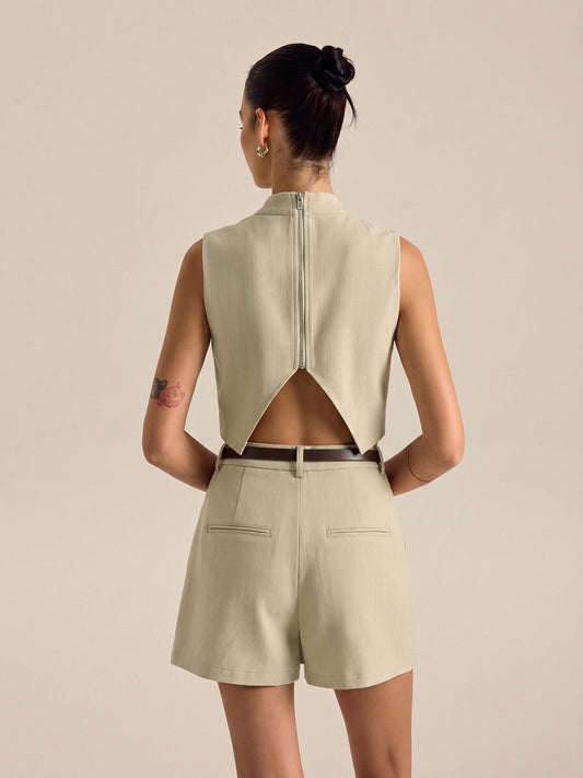 Backless Crop Vest & Belted Skort Set for Women Summer Fashion