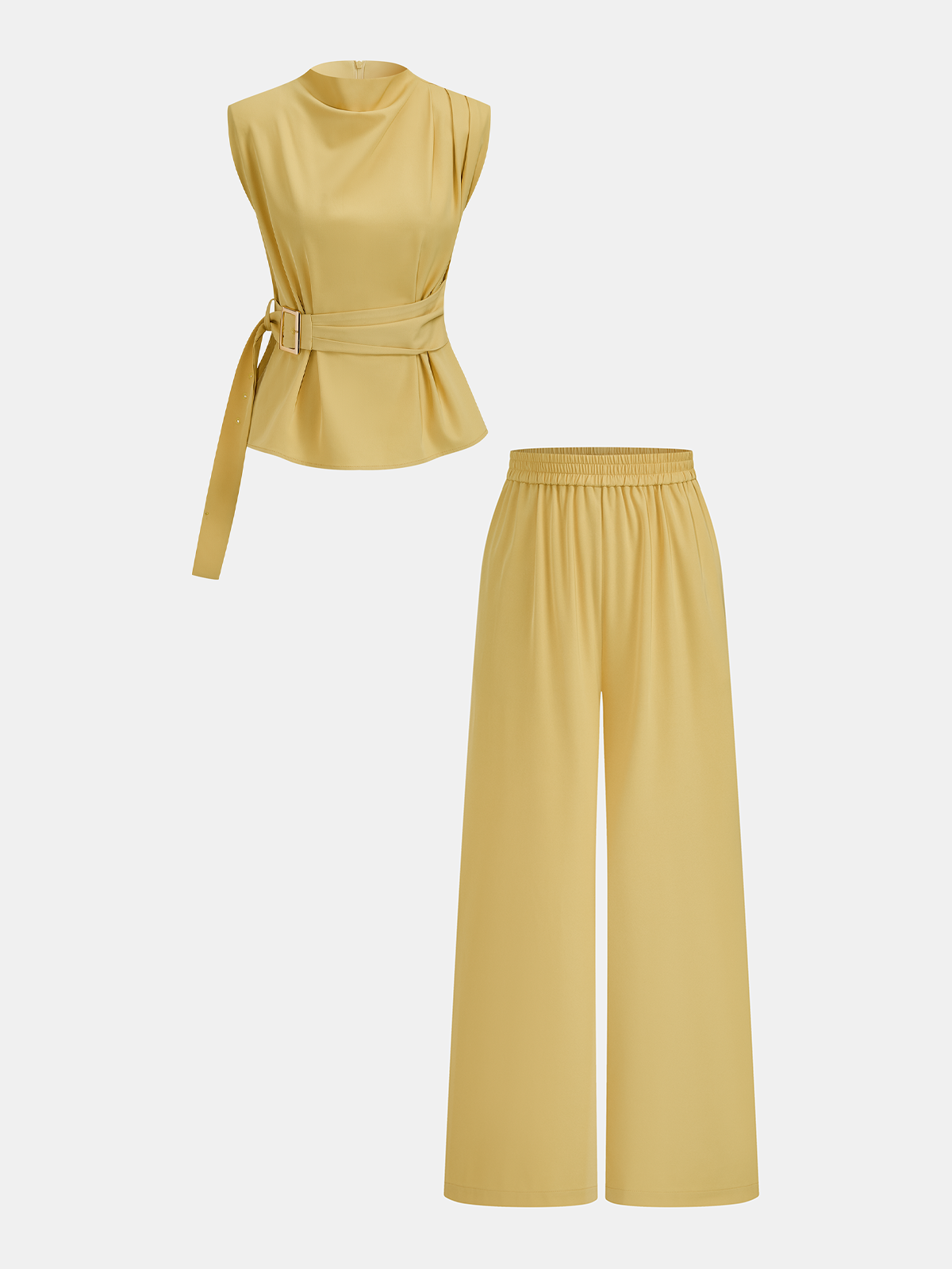 Belted Sleeveless Top & Elastic Waist Pants Set for Women Casual Wear