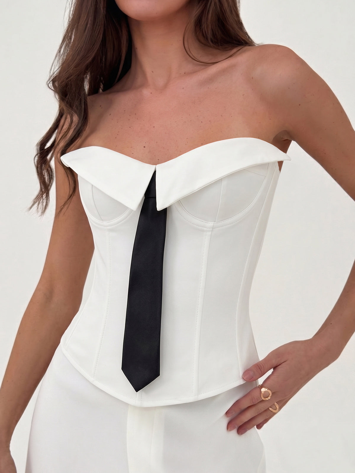 Fold Over Strapless Tie Decor Corset Top with Lace-Up Back