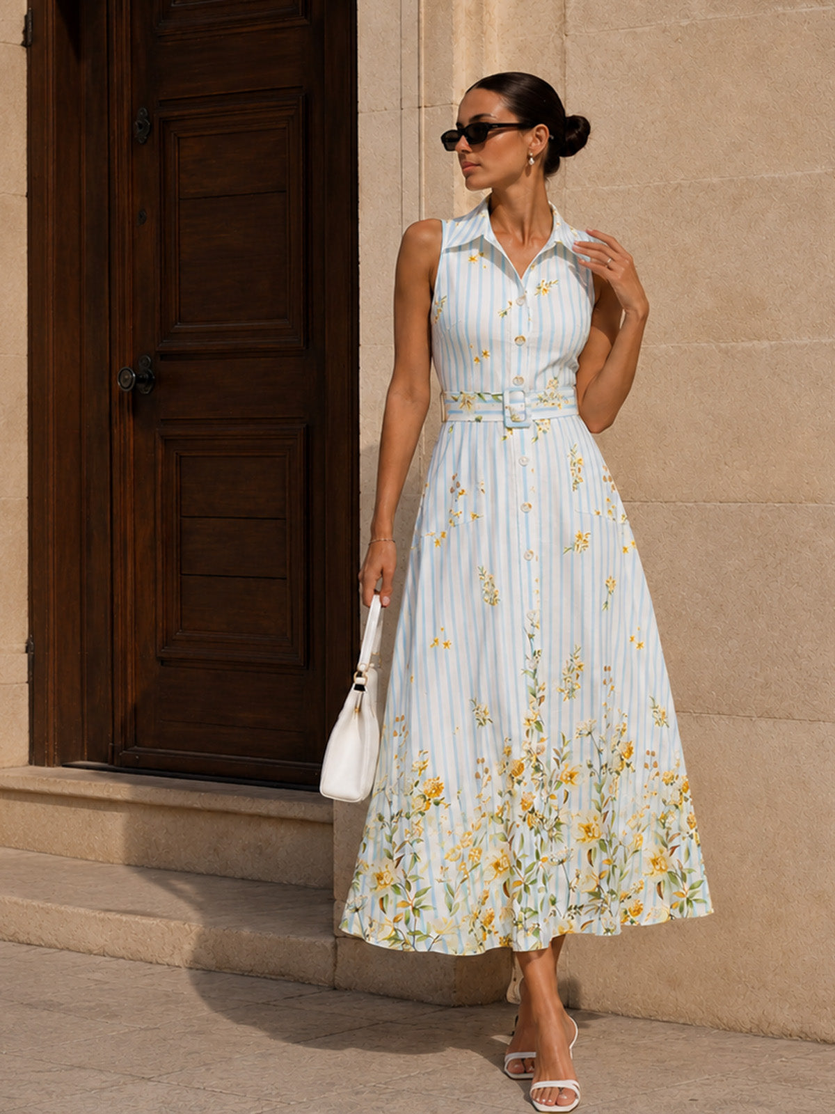 Floral Striped Sleeveless Belted Midi Dress for Women Casual Summer