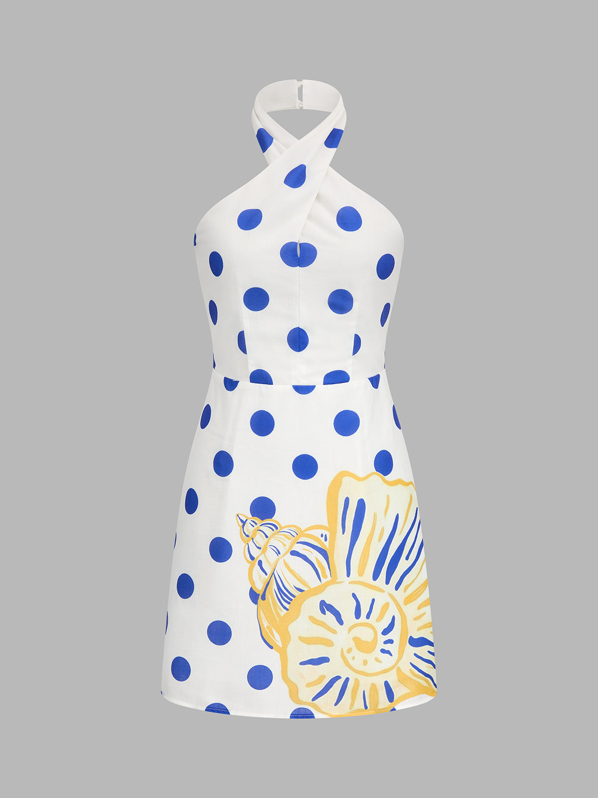 Polka Dot Shell Print Halter Mini Dress with Adjustable Straps