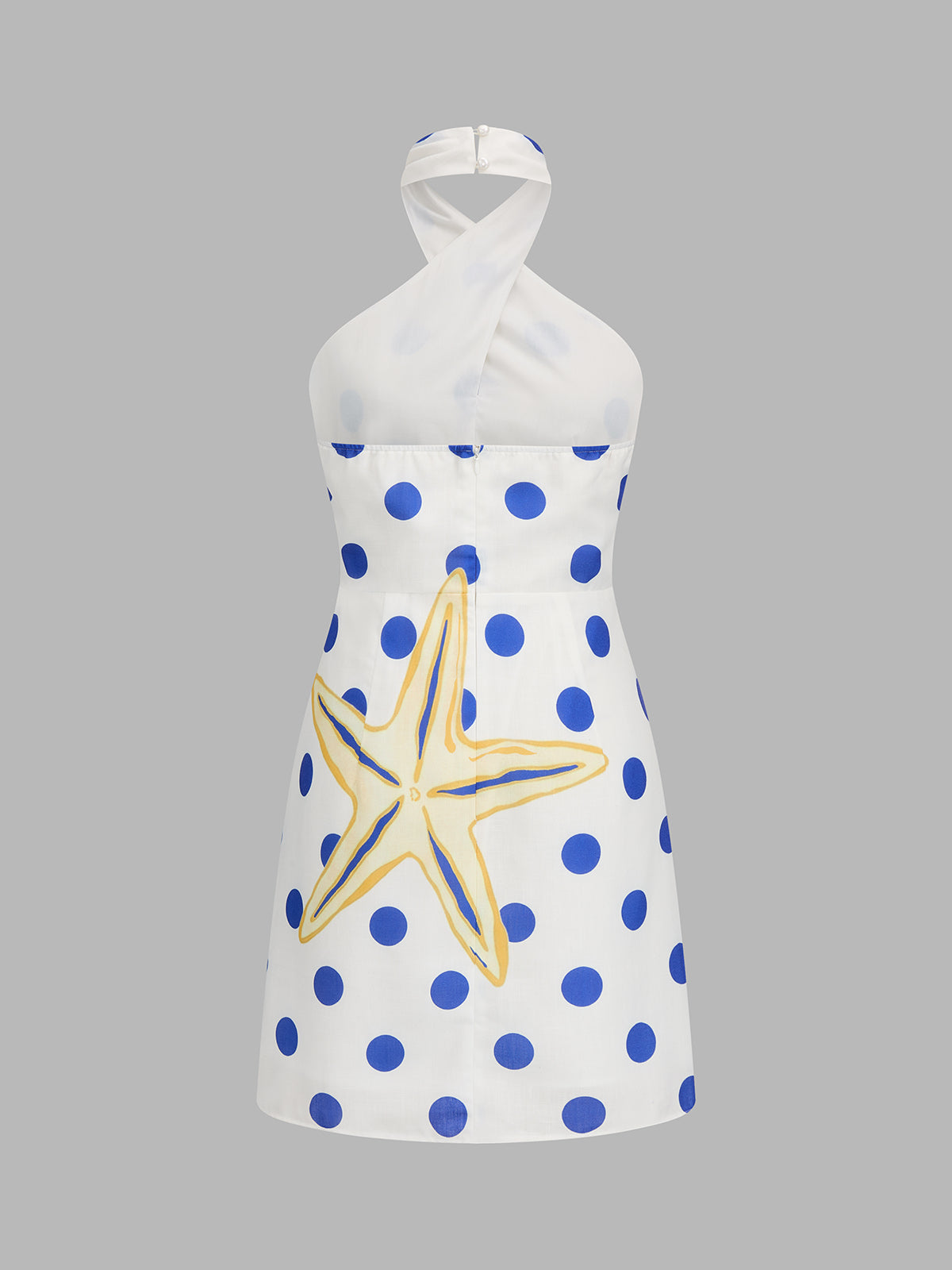 Polka Dot Shell Print Halter Mini Dress with Adjustable Straps