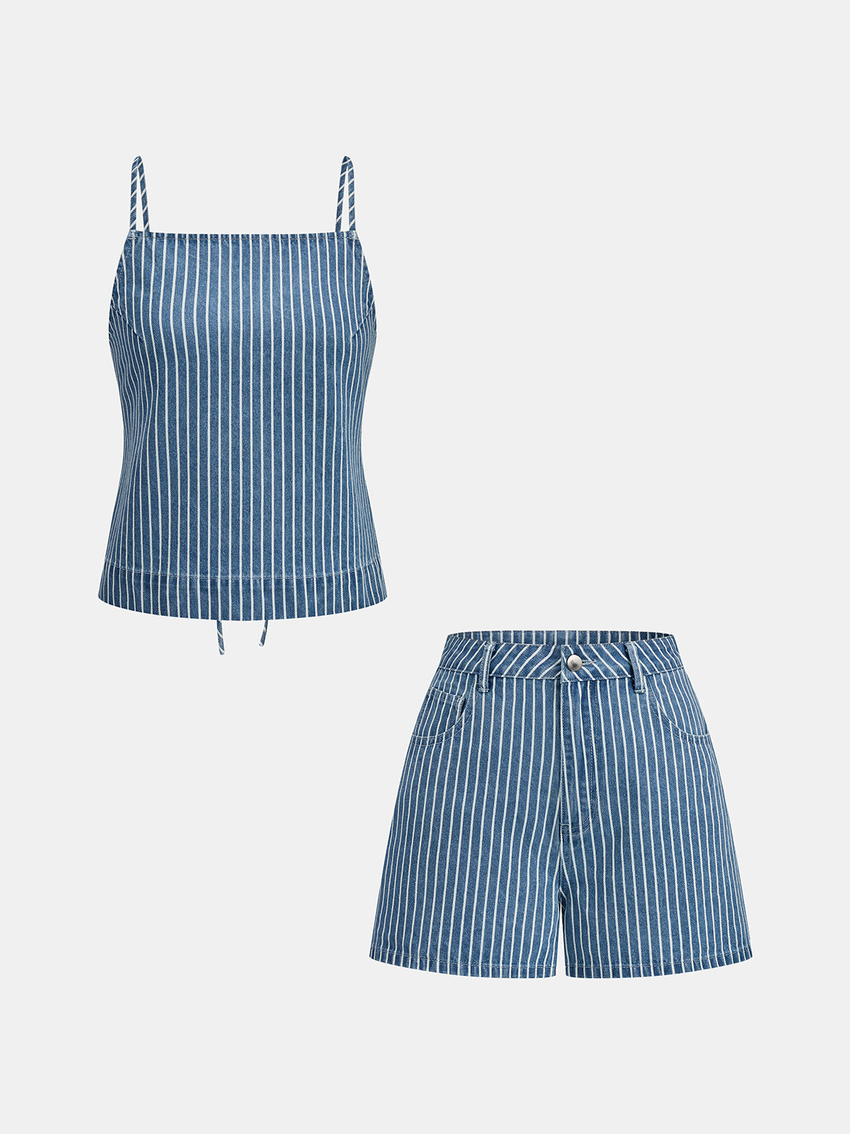 Striped Denim Tie Back Cami Top & Short Set with Adjustable Straps