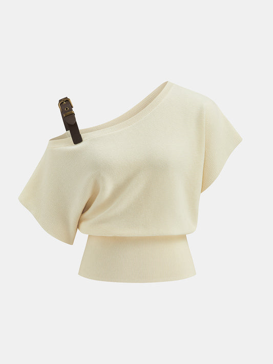 Buckle Strap Off Shoulder Ribbed Knit Top Casual Women's Fashion