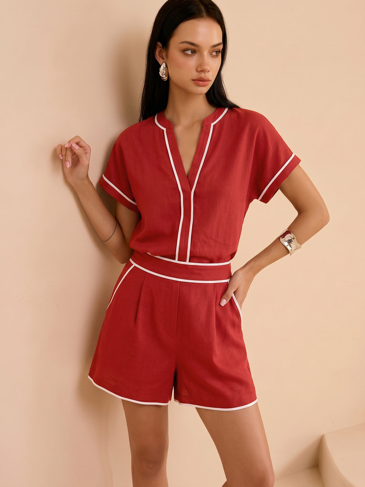 Cotton Linen Contrast Trim Top & Shorts Set for Casual Wear