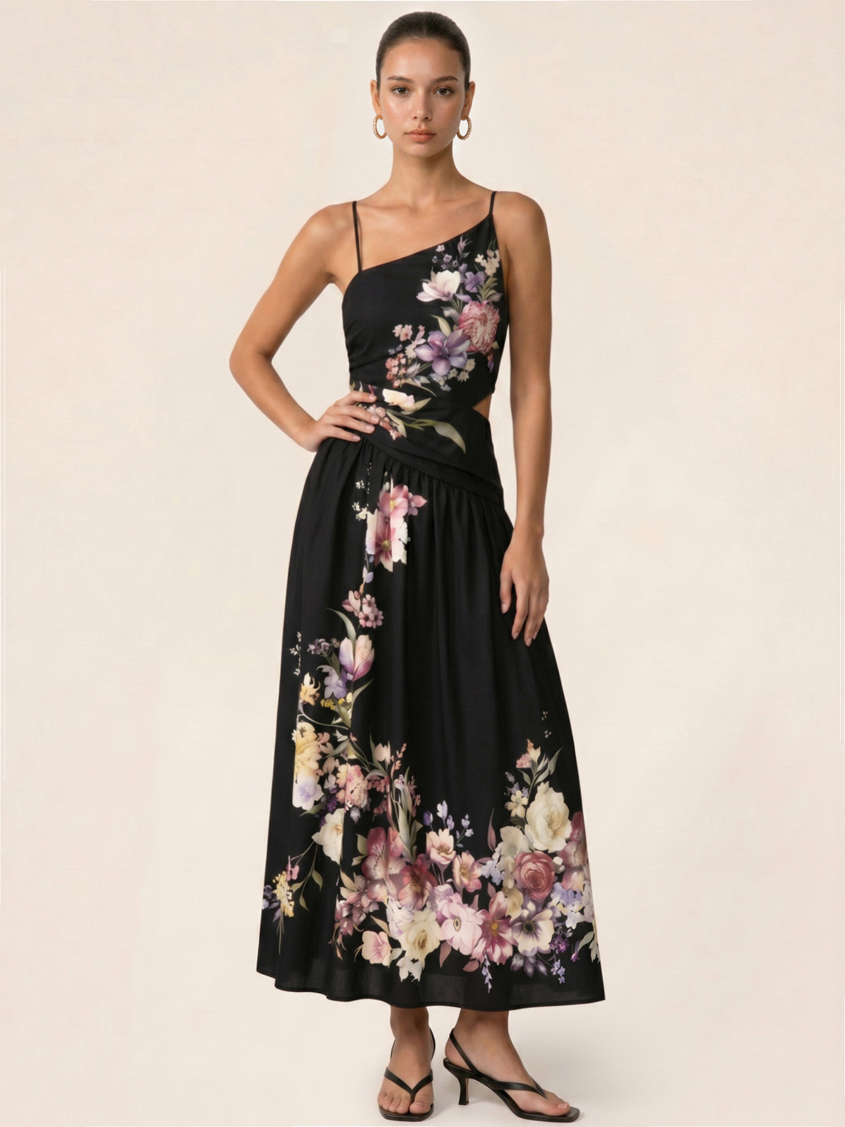 Asymmetric Cutout Floral Slip Midi Dress Trendy Summer Attire
