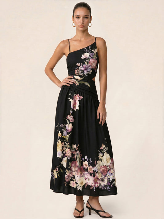 Asymmetric Cutout Floral Slip Midi Dress Trendy Summer Attire
