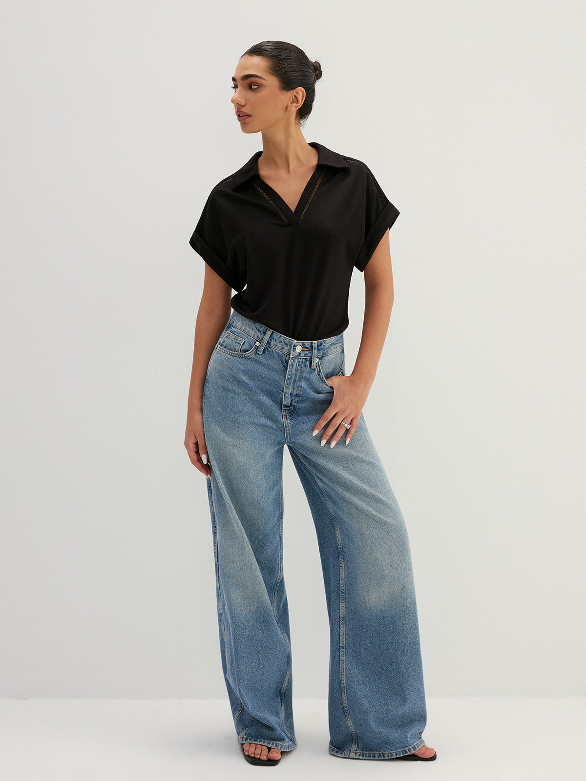 Hollow Out Collared V Neck Short Sleeve Top Casual Women's Fashion