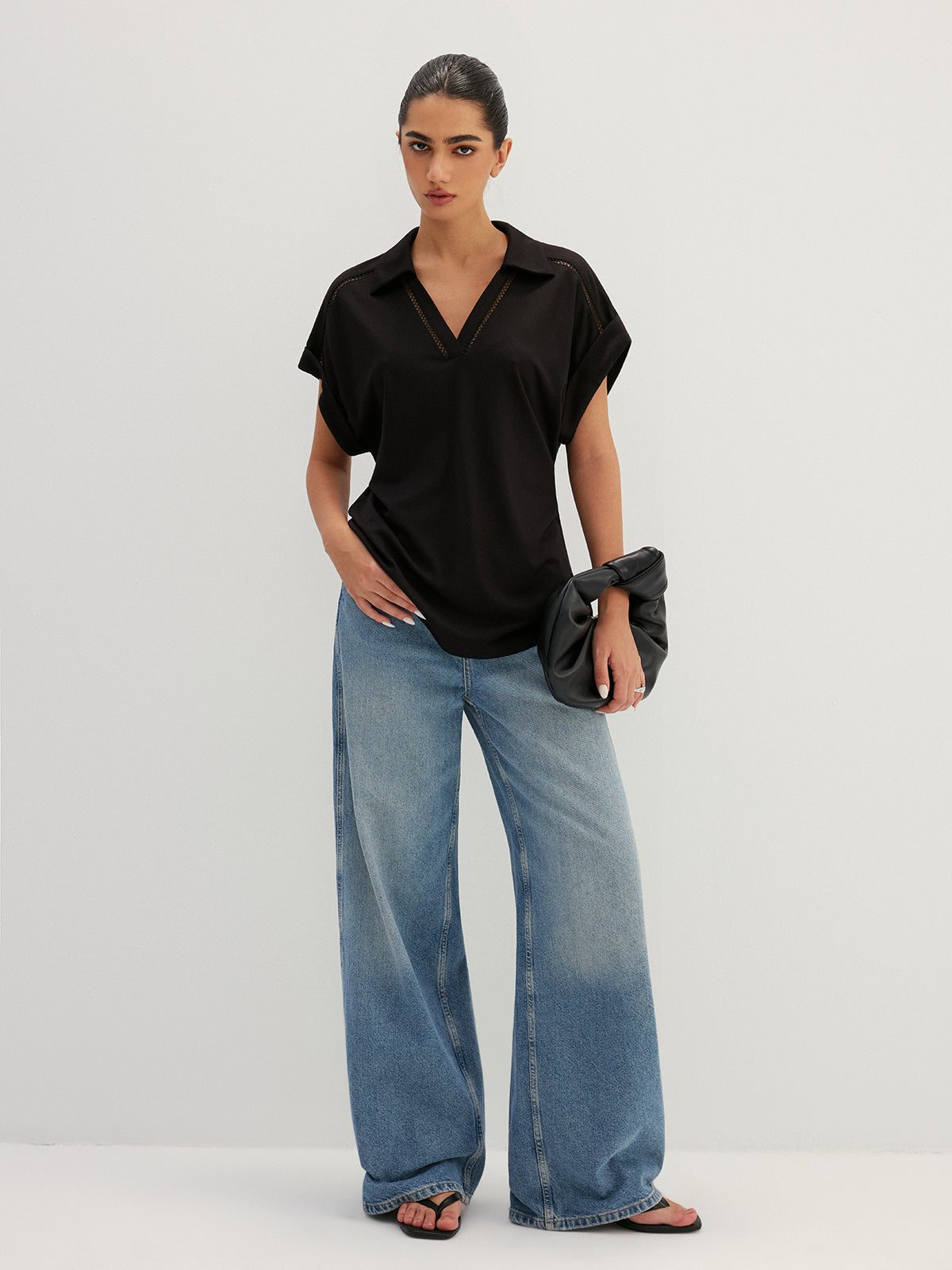 Hollow Out Collared V Neck Short Sleeve Top Casual Women's Fashion