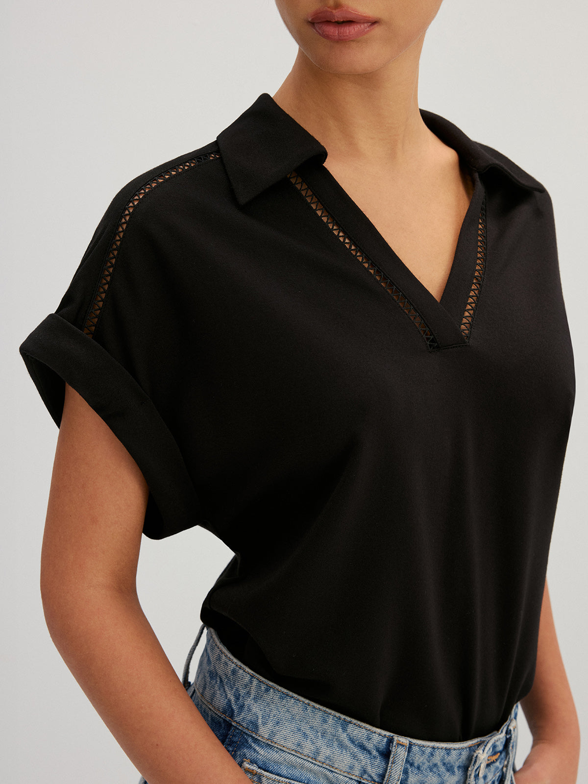 Hollow Out Collared V Neck Short Sleeve Top Casual Women's Fashion
