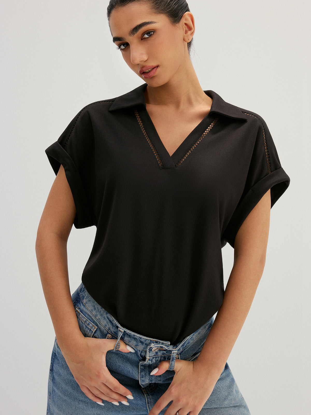 Hollow Out Collared V Neck Short Sleeve Top Casual Women's Fashion