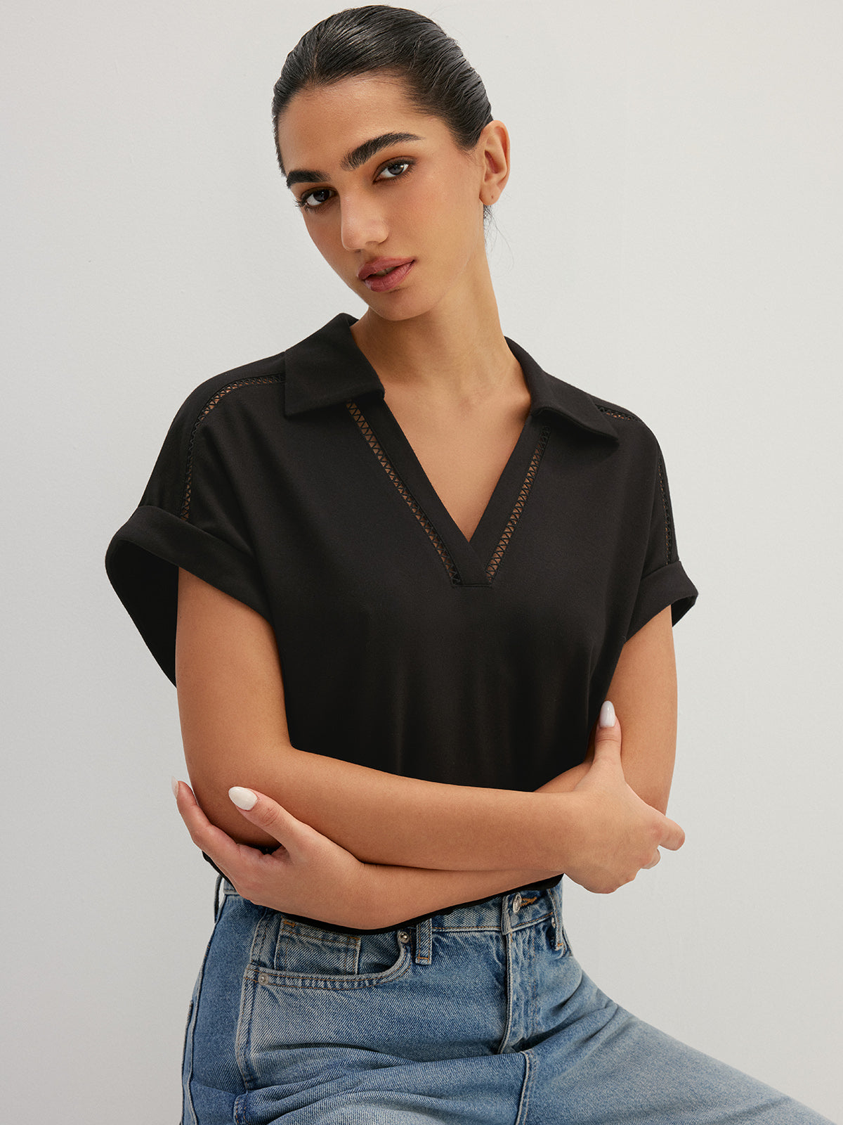 Hollow Out Collared V Neck Short Sleeve Top Casual Women's Fashion