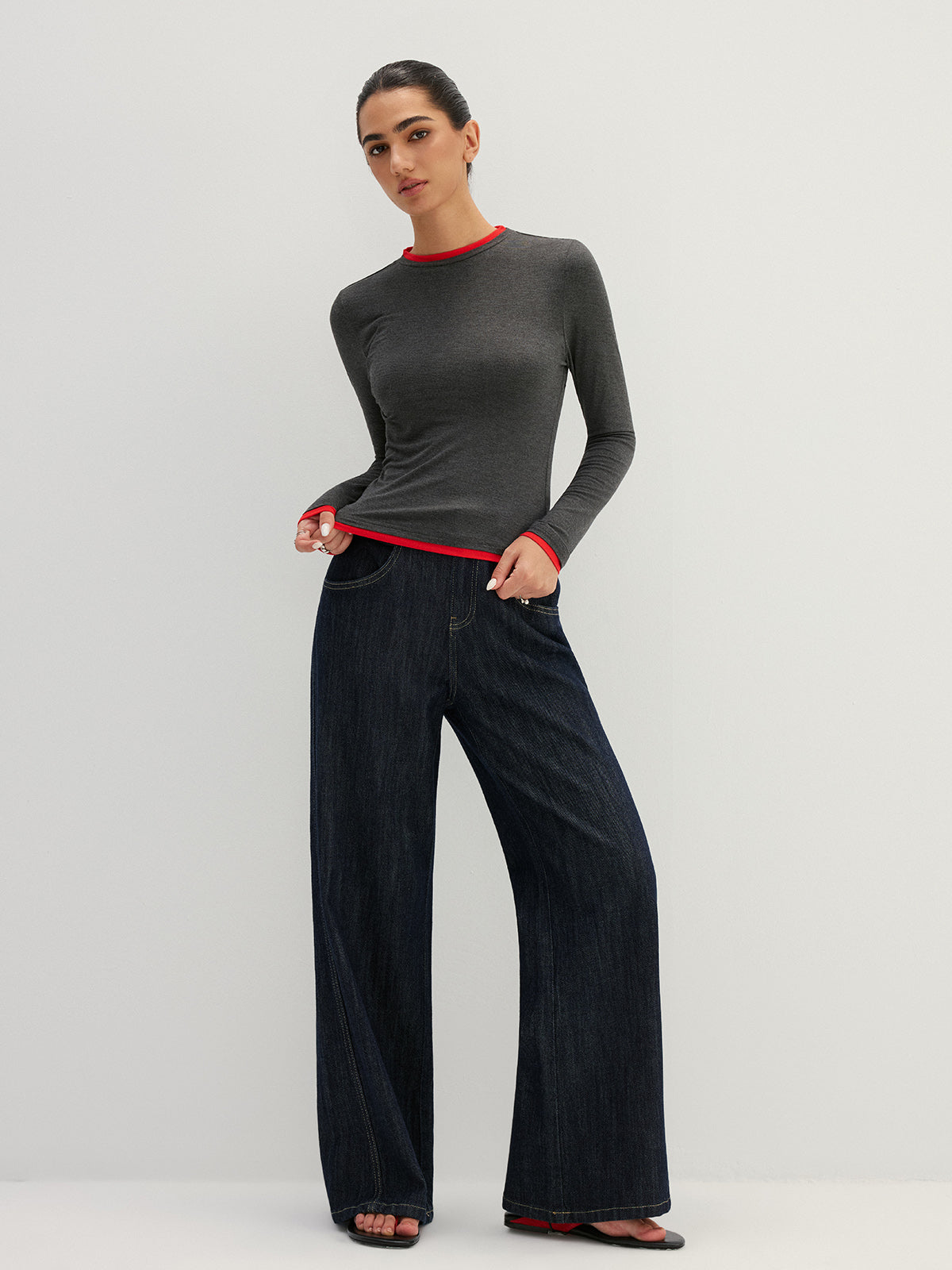 Contrast Trim Fake Two Piece Long Sleeve Layered Look Top