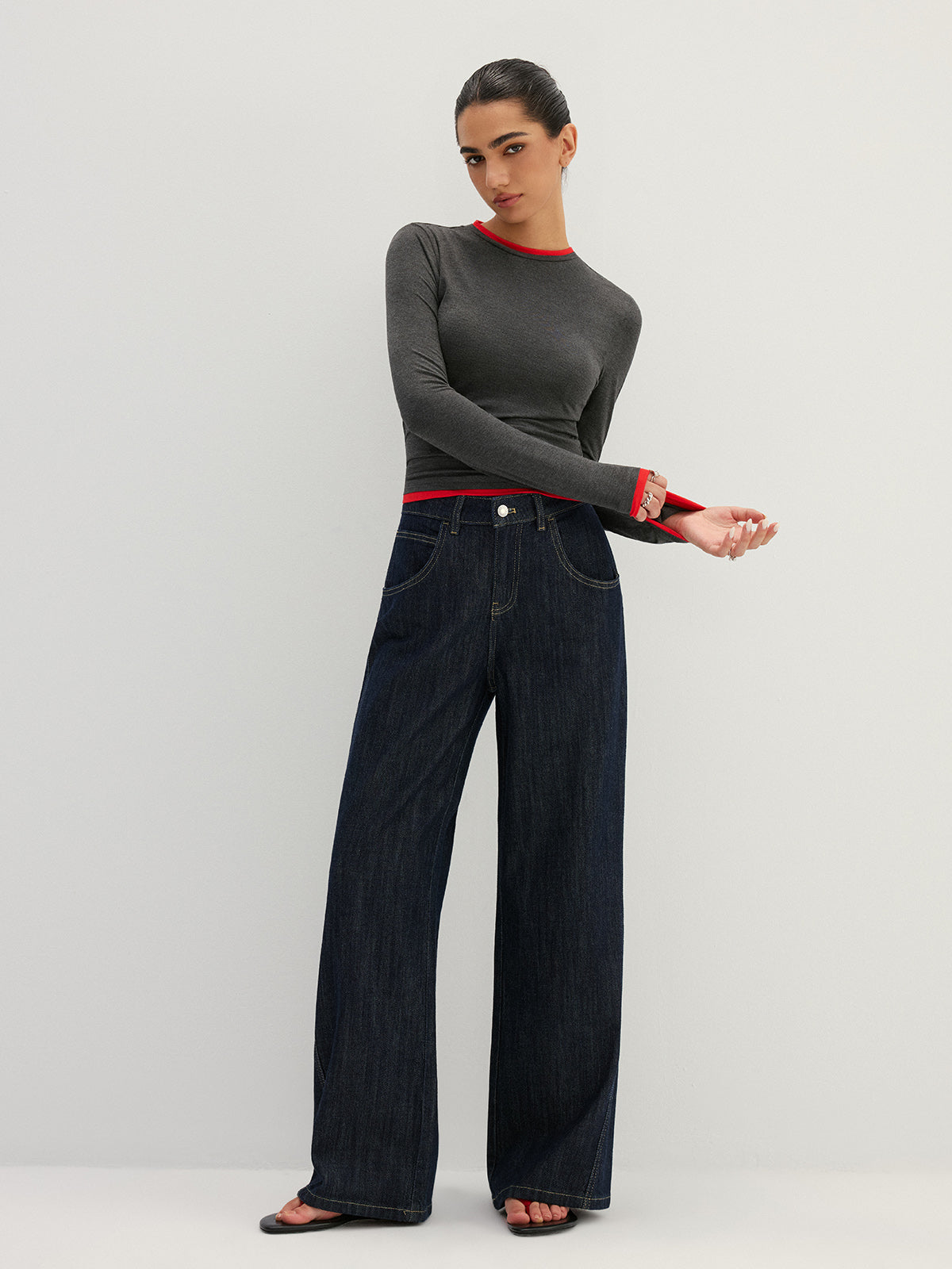 Contrast Trim Fake Two Piece Long Sleeve Layered Look Top