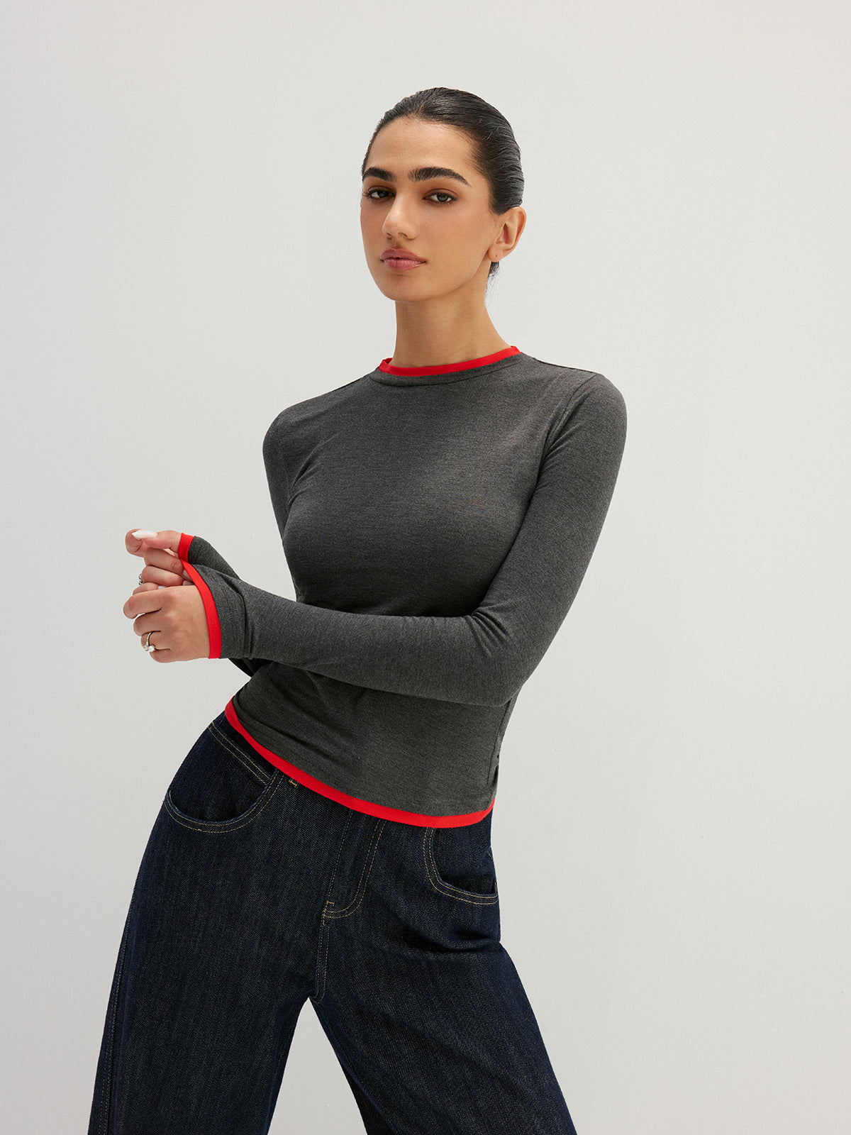Contrast Trim Fake Two Piece Long Sleeve Layered Look Top