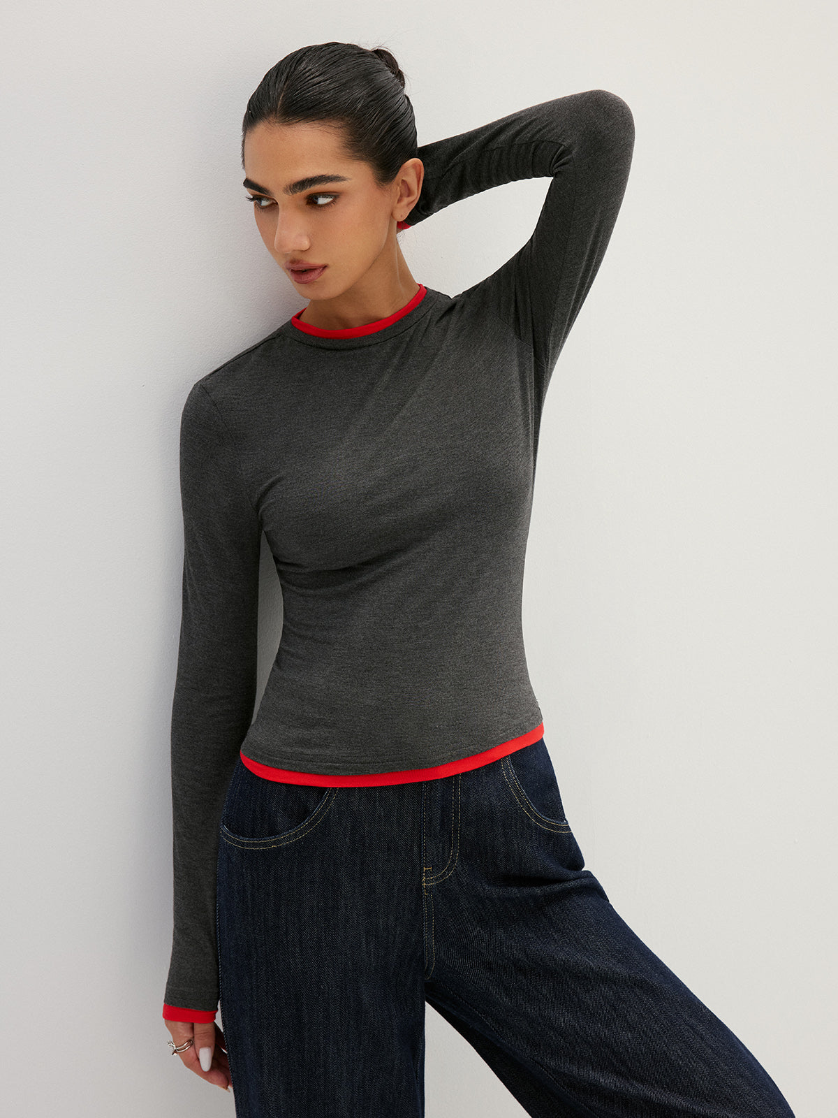 Contrast Trim Fake Two Piece Long Sleeve Layered Look Top