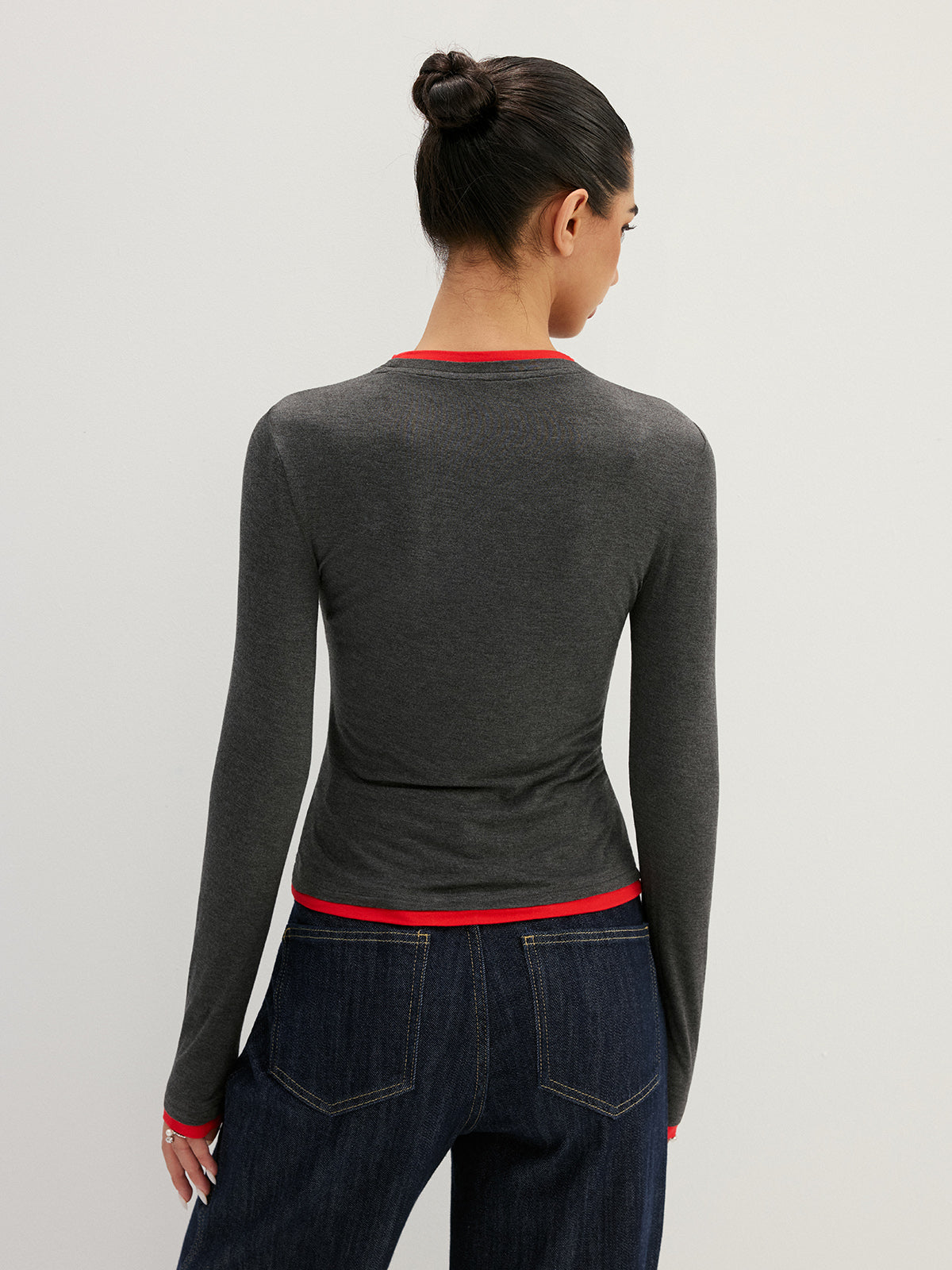 Contrast Trim Fake Two Piece Long Sleeve Layered Look Top