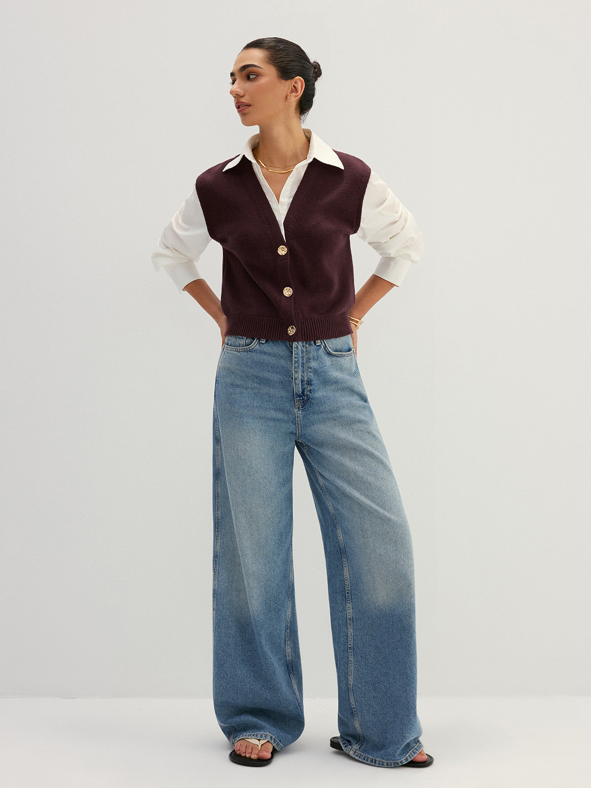 Button Front Fake Two Piece Knit Top - Casual Layered Long Sleeve Sweater