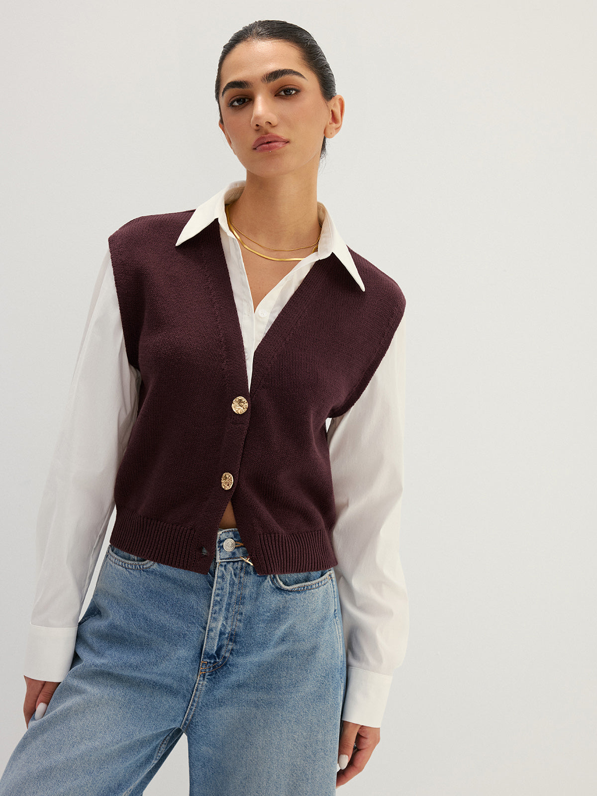 Button Front Fake Two Piece Knit Top - Casual Layered Long Sleeve Sweater