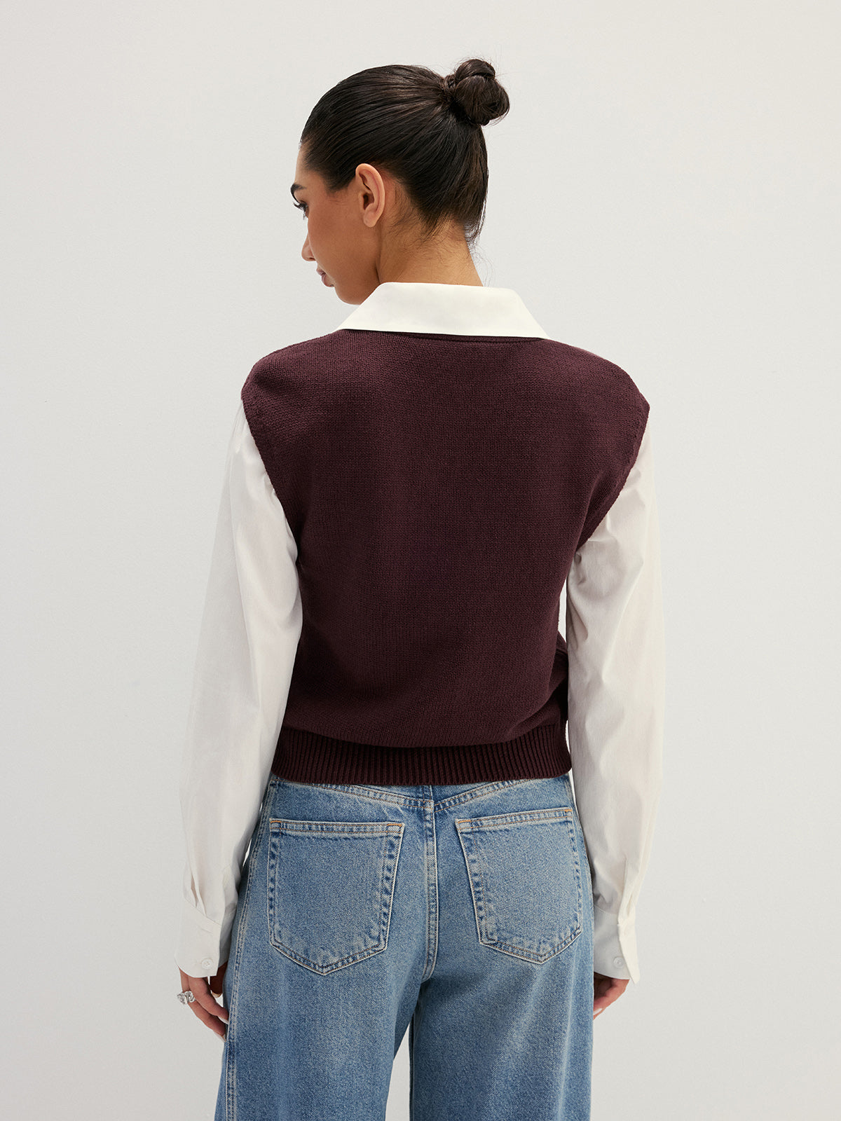 Button Front Fake Two Piece Knit Top - Casual Layered Long Sleeve Sweater