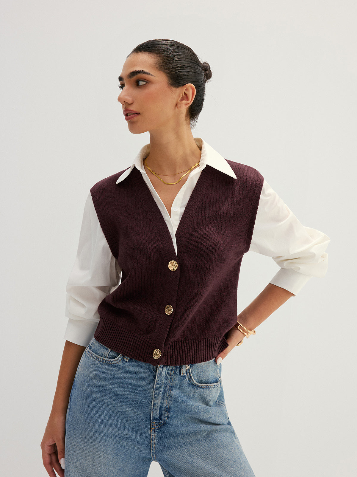 Button Front Fake Two Piece Knit Top - Casual Layered Long Sleeve Sweater