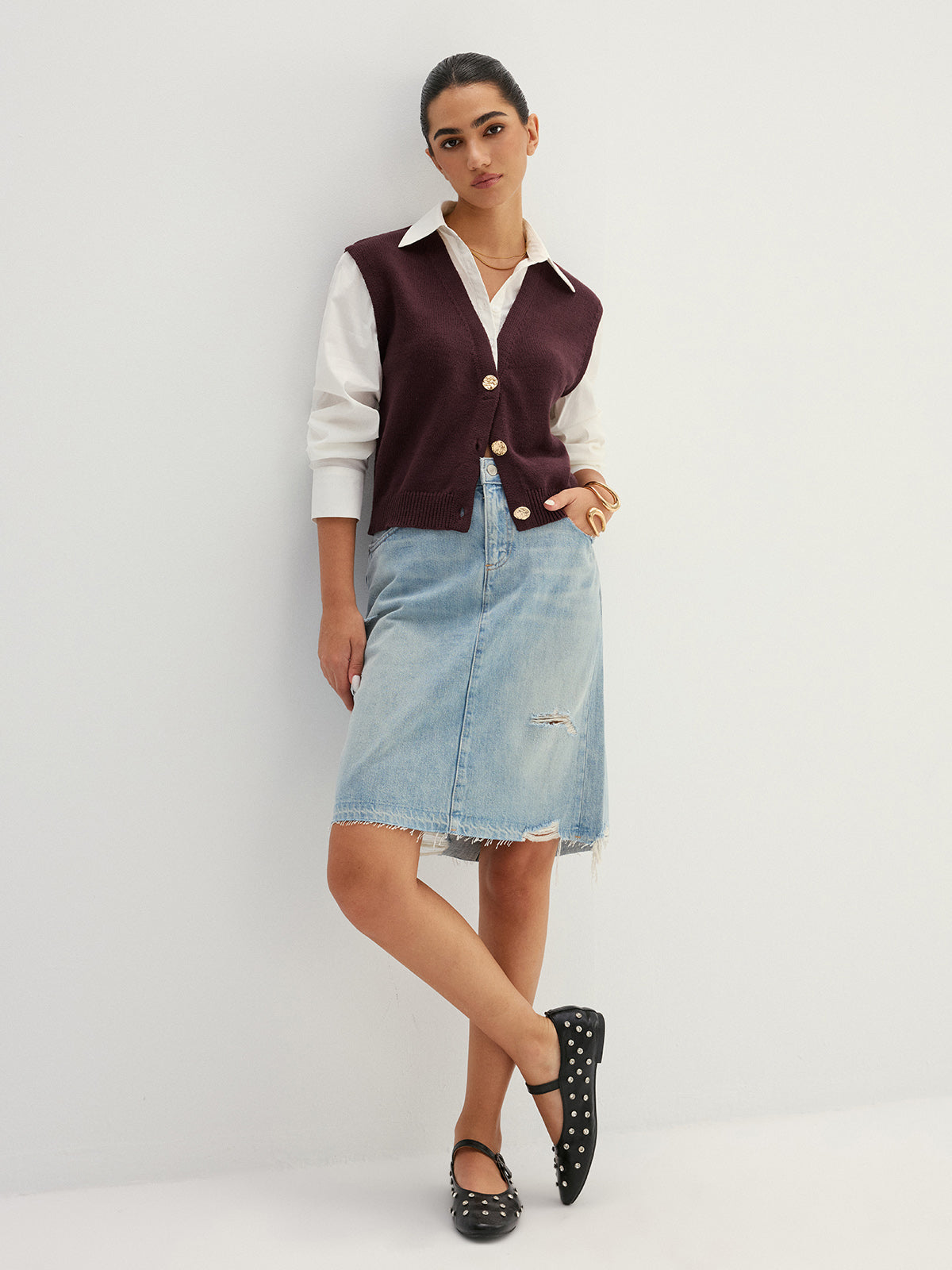 Button Front Fake Two Piece Knit Top - Casual Layered Long Sleeve Sweater